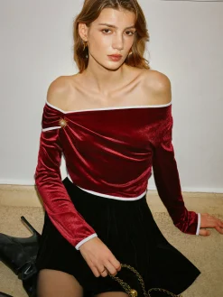 Off-Shoulder Contrast Trim Velvet Blouse