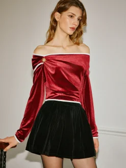 Off-Shoulder Contrast Trim Velvet Blouse