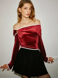 Off-Shoulder Contrast Trim Velvet Blouse