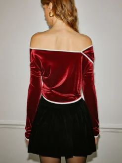 Off-Shoulder Contrast Trim Velvet Blouse