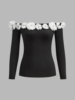 Off-Shoulder Floral Decor T-Shirt