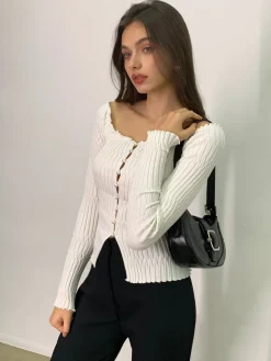 Off-Shoulder Lettuce Trim Cardigan