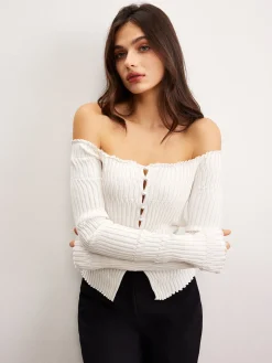 Off-Shoulder Lettuce Trim Cardigan