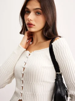 Off-Shoulder Lettuce Trim Cardigan