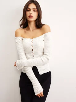 Off-Shoulder Lettuce Trim Cardigan
