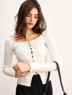 Off-Shoulder Lettuce Trim Cardigan
