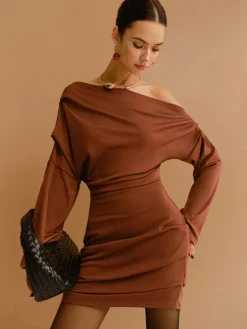 Off-Shoulder Pleated Jersey Short Dress