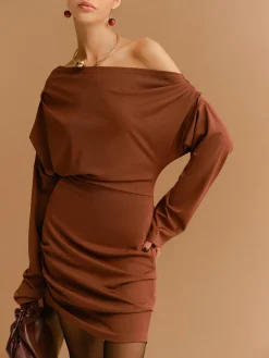 Off-Shoulder Pleated Jersey Short Dress