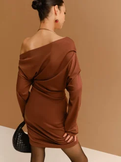 Off-Shoulder Pleated Jersey Short Dress