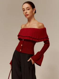 Off-Shoulder Pleated Ruffle Slim Sweater