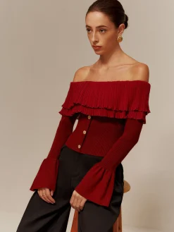 Off-Shoulder Pleated Ruffle Slim Sweater