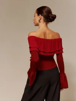 Off-Shoulder Pleated Ruffle Slim Sweater