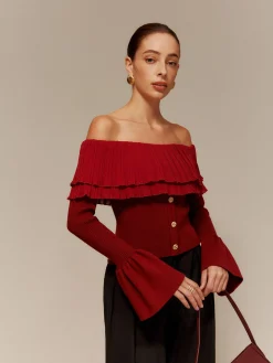 Off-Shoulder Pleated Ruffle Slim Sweater