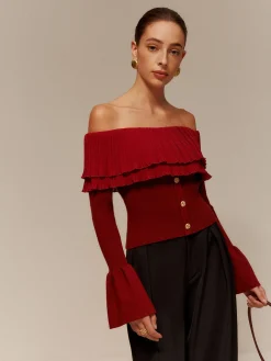 Off-Shoulder Pleated Ruffle Slim Sweater