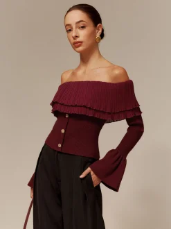 Off-Shoulder Pleated Ruffle Slim Sweater