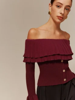 Off-Shoulder Pleated Ruffle Slim Sweater
