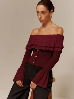 Off-Shoulder Pleated Ruffle Slim Sweater