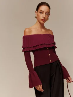Off-Shoulder Pleated Ruffle Slim Sweater