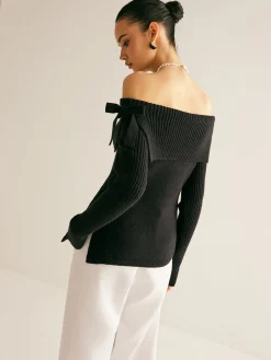 Off-Shoulder Ribbed Bow Slit Sweater