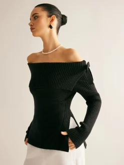 Off-Shoulder Ribbed Bow Slit Sweater