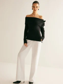 Off-Shoulder Ribbed Bow Slit Sweater