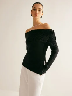 Off-Shoulder Ribbed Bow Slit Sweater