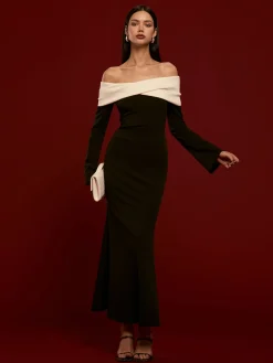 Off-Shoulder Ruched Bell-Sleeve Dress