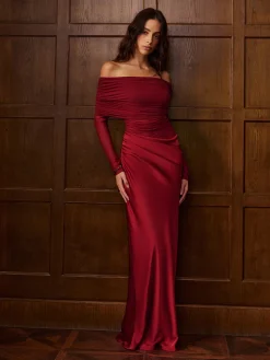 Off-Shoulder Ruched Satin Panel Dress