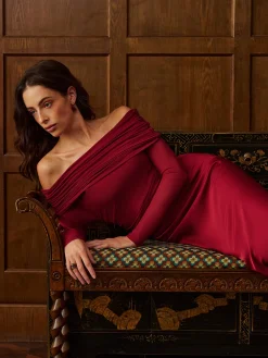 Off-Shoulder Ruched Satin Panel Dress