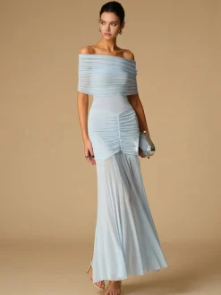 Off-Shoulder Ruched Semi-Sheer Dress