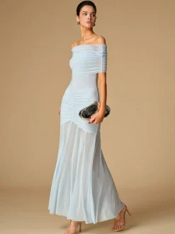 Off-Shoulder Ruched Semi-Sheer Dress