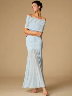 Off-Shoulder Ruched Semi-Sheer Dress