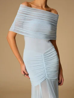 Off-Shoulder Ruched Semi-Sheer Dress
