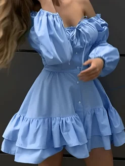Off-Shoulder Ruffle Trim Short Dress