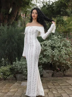 Off-Shoulder Ruffle-Cuff Lace Long Dress