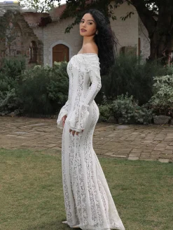 Off-Shoulder Ruffle-Cuff Lace Long Dress
