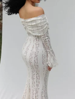Off-Shoulder Ruffle-Cuff Lace Long Dress