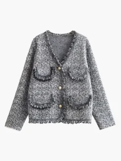 Old Money Aesthetics Raw Hem Tweed Cardigan