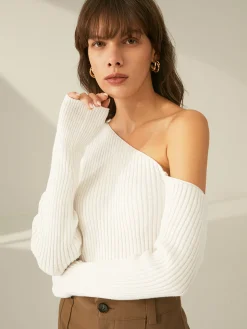 One Shoulder Long Sleeve Ribbed Pullover Sweater