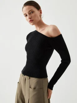 One Shoulder Long Sleeve Ribbed Pullover Sweater
