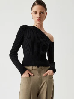 One Shoulder Long Sleeve Ribbed Pullover Sweater