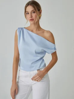 One Shoulder Off Knotted Blouse