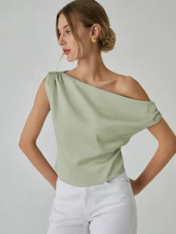 One Shoulder Off Knotted Blouse