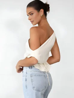 One Shoulder Off Knotted Blouse