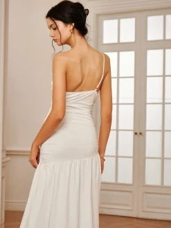 One Shoulder Pleated Split Long Dress