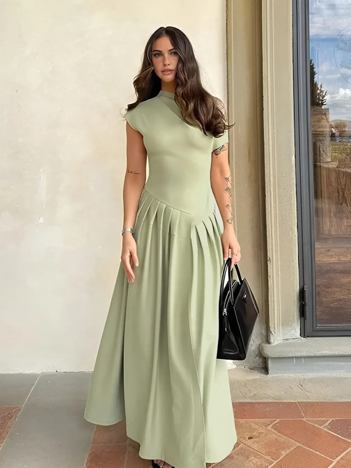 One Shoulder Pleated Split Long Dress