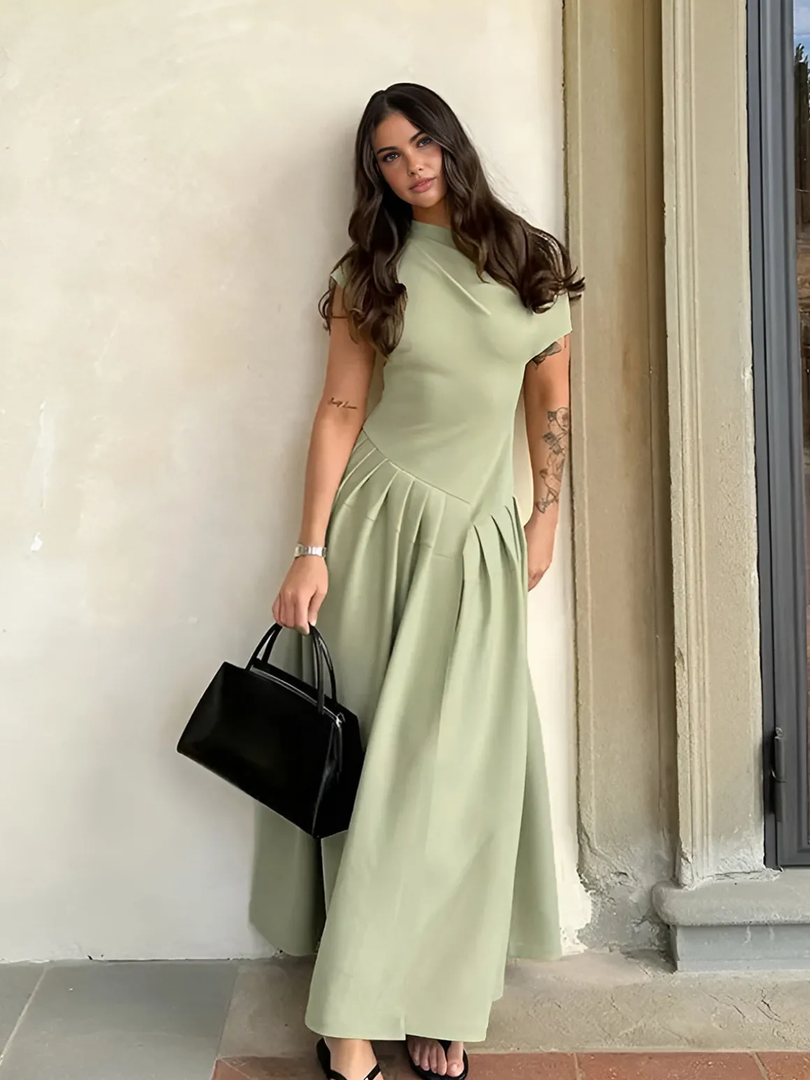 One Shoulder Pleated Split Long Dress