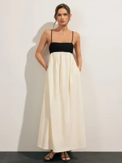 Open Back Contrast Pocket Long Dress