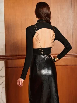 Open Back Long Sleeve T-Shirt With O-Ring Chain