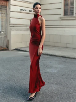 Open Back Satin Halter Dress